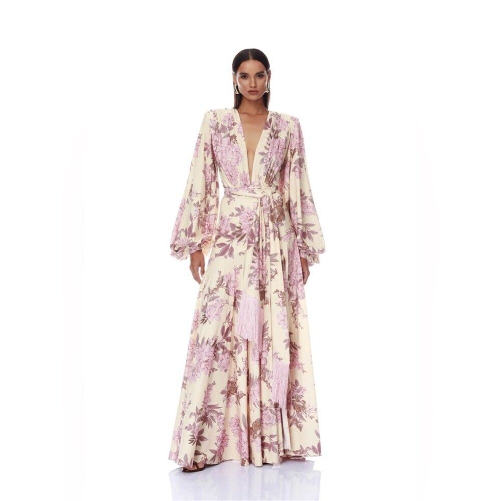 NEW BRONX BANCO Magnolia Carmen Blush Gown, Floral Maxi Wrap Dress in Pink, M